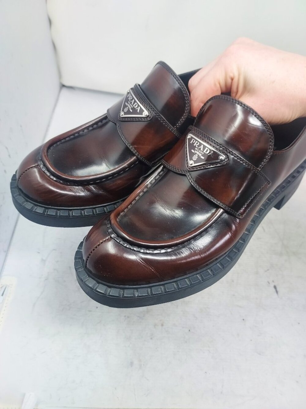 Prada WOMENS Logo Burgundy Red Brown Chocolate Brushed Leather Shoe - Picture 11 of 11